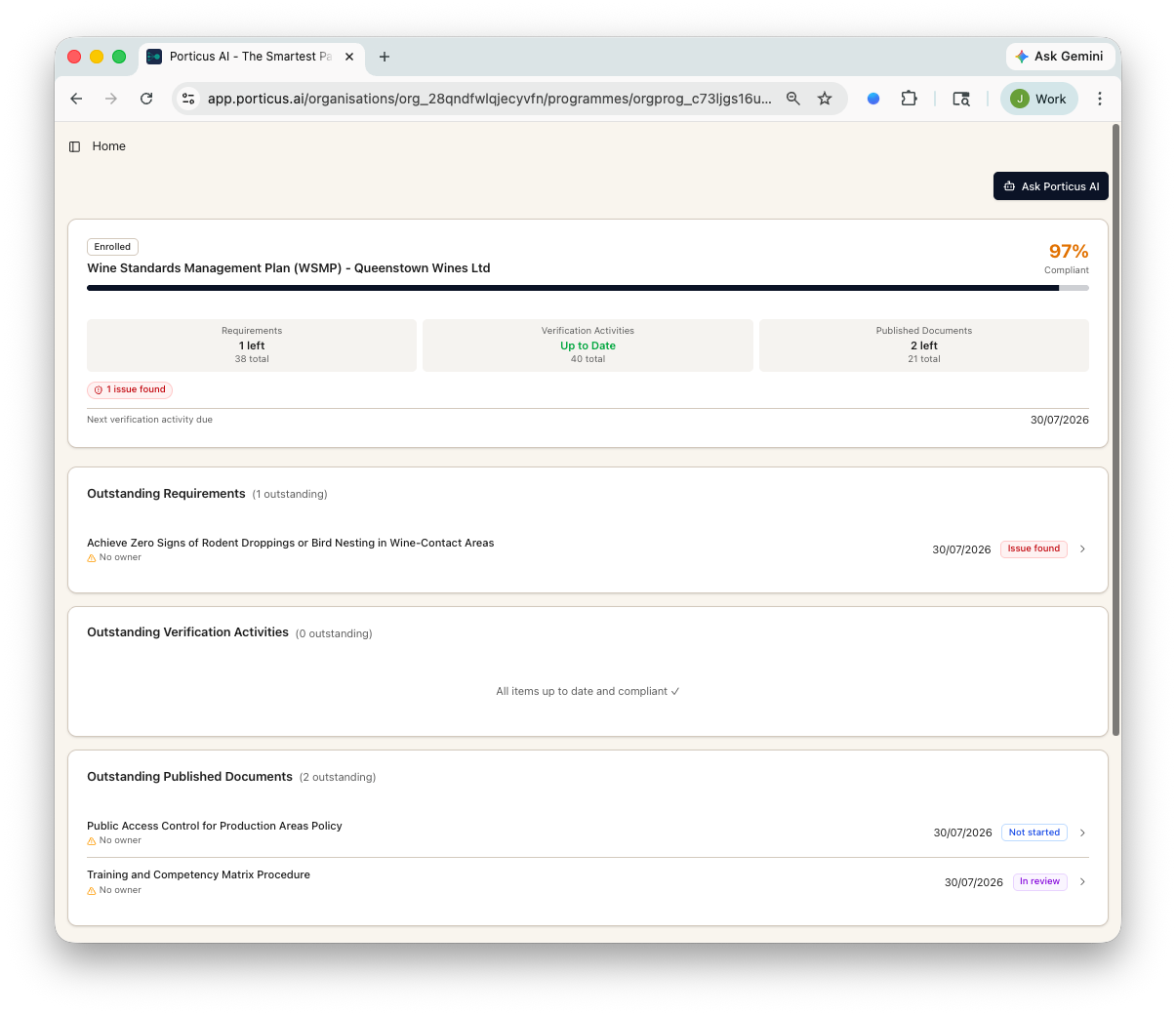 Unified compliance dashboard — all active programmes, cross-links, and upcoming deadlines